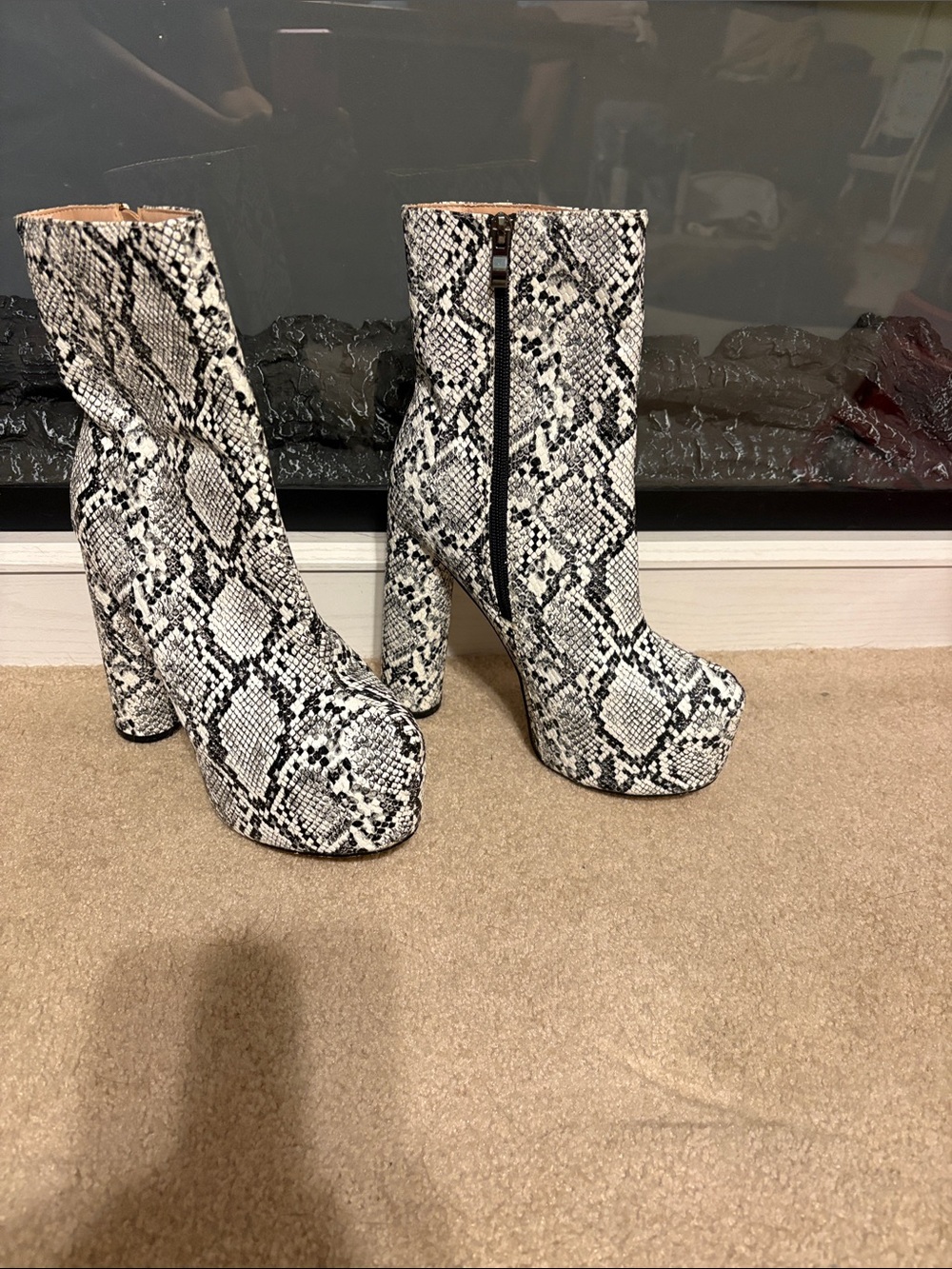 Privileged White and Black Snake Print Platform Ankle Boots